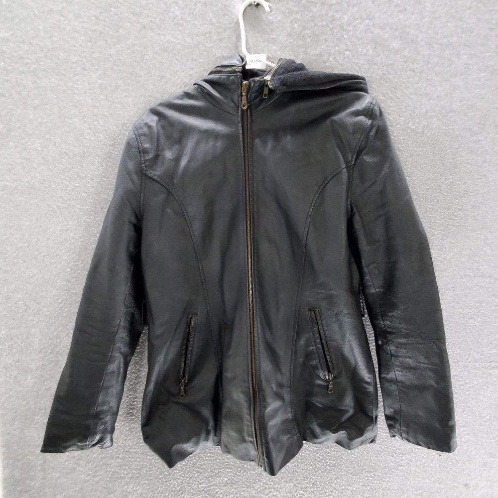 JD‎ Italian Women Leather Jacket Large Black Leather Removable Hood Fleece READ